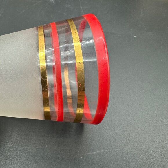 MCM Cordial Shot Glasses Frosted Footed Striped Red Gold Rimmed Set Vtg 1940s - Picture 9 of 12